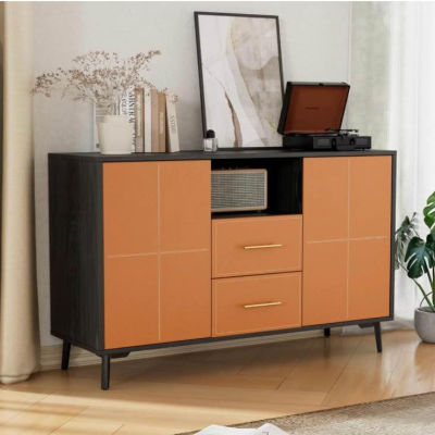 Leather Sideboard, Buffet Tables with Storage, Home Bar with 2 Drawers 2 Cabinets, Sideboard for Kitchen/Dining/Living Room, Console Table for Hallway, Black & Orange