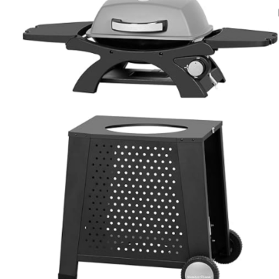 2-in-1 portable desktop gas barbecue grill, camping barbecue outdoor cooking grill with cart, black 18.7 x 14 inches 11500 BTU