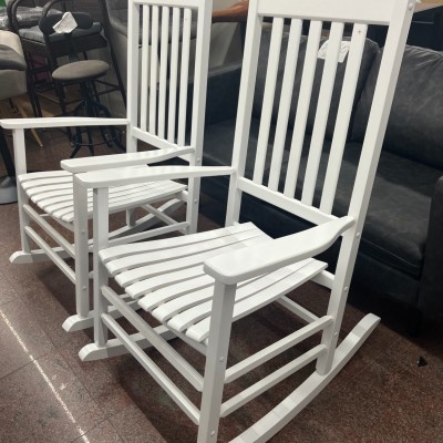 Outdoor Wooden Rocking Chairs with 350lbs Support High Back Smooth for Backyard, Lawn, Garden and Deck, White, 2pcs