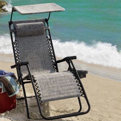 Steel Mesh Zero Gravity Reclining Lounge Patio Chair w/ Folding Canopy Shade and Cup Holder, Gray, 1pcs