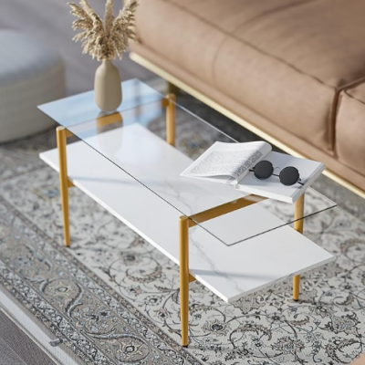 Glass Square Coffee Table - Marble White